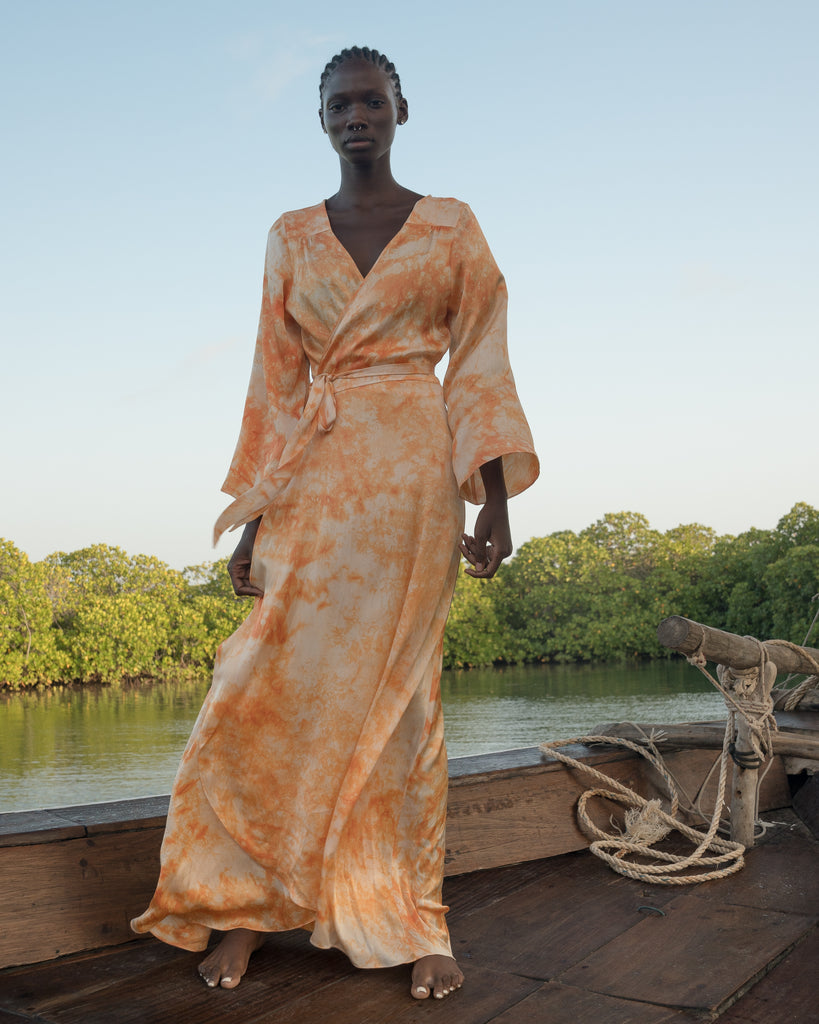 Orange Tie Dye Silk Satin Wrap Dress