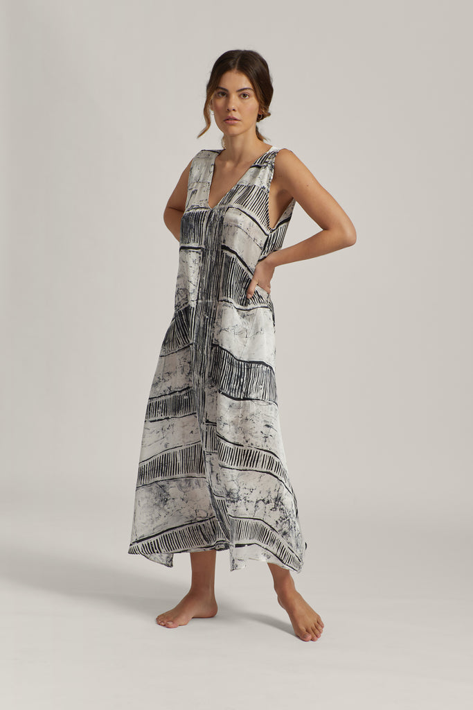 Abstract Silk Satin Maxi Dress