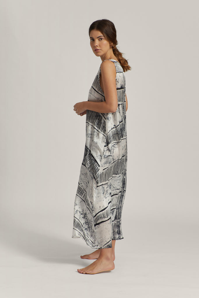 Abstract Silk Satin Maxi Dress