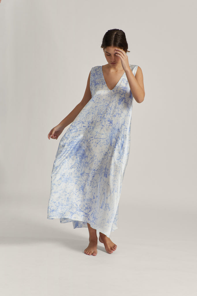 Blue Crackle Batik Silk Maxi Dress