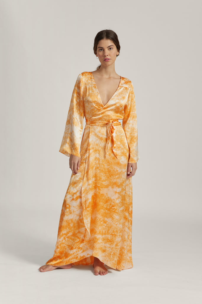 Orange Tie Dye Silk Satin Wrap Dress