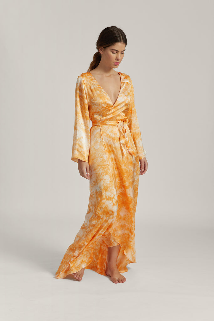 Orange Tie Dye Silk Satin Wrap Dress
