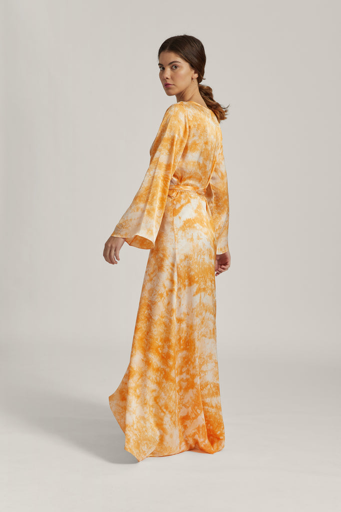 Orange Tie Dye Silk Satin Wrap Dress