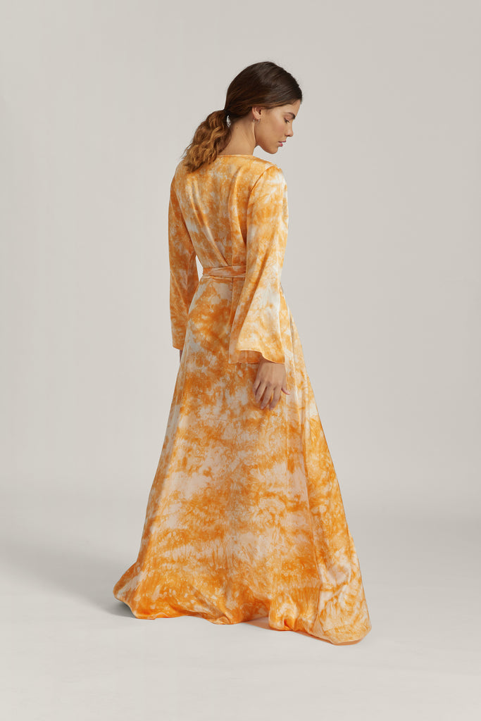 Orange Tie Dye Silk Satin Wrap Dress