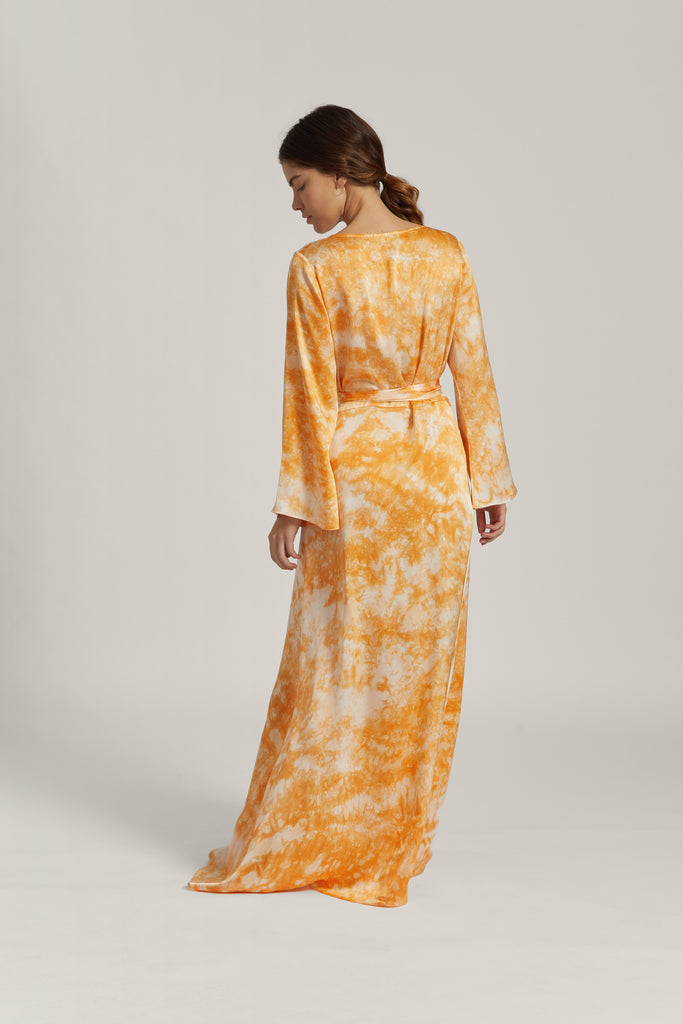 Orange Tie Dye Silk Satin Wrap Dress
