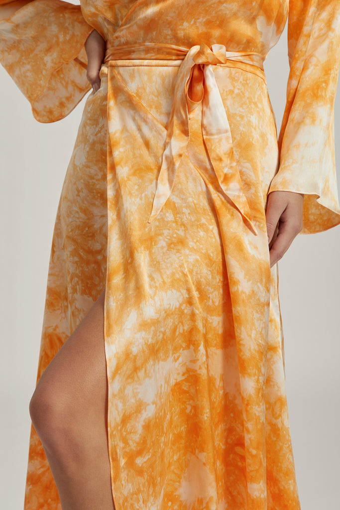 Orange Tie Dye Silk Satin Wrap Dress