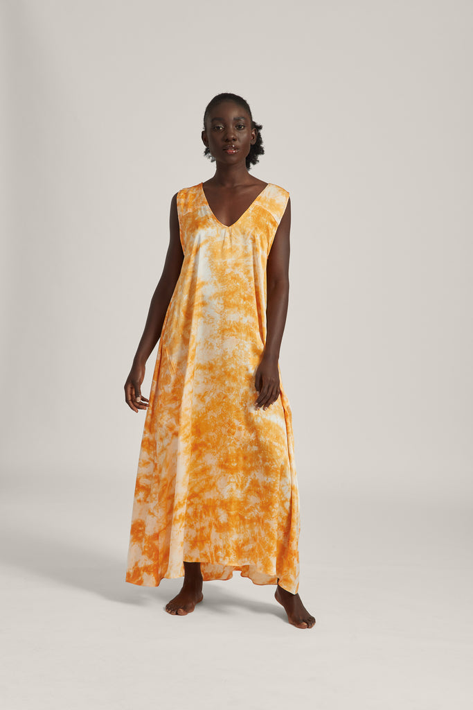 Orange Tie Dye Silk Maxi Dress