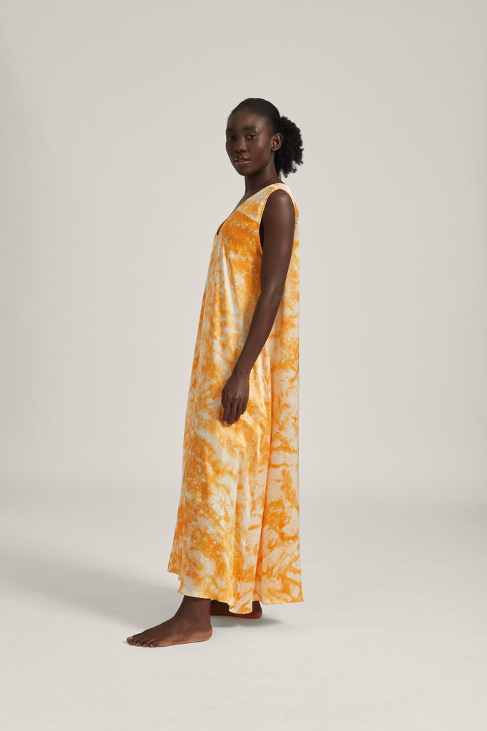 Orange Tie Dye Silk Maxi Dress