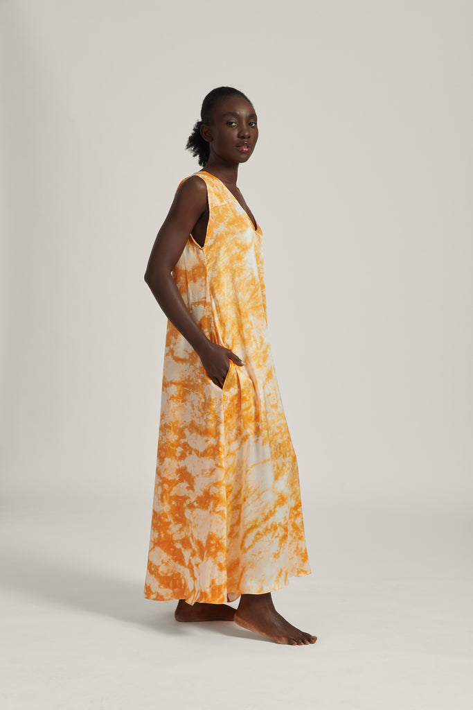 Orange Tie Dye Silk Maxi Dress