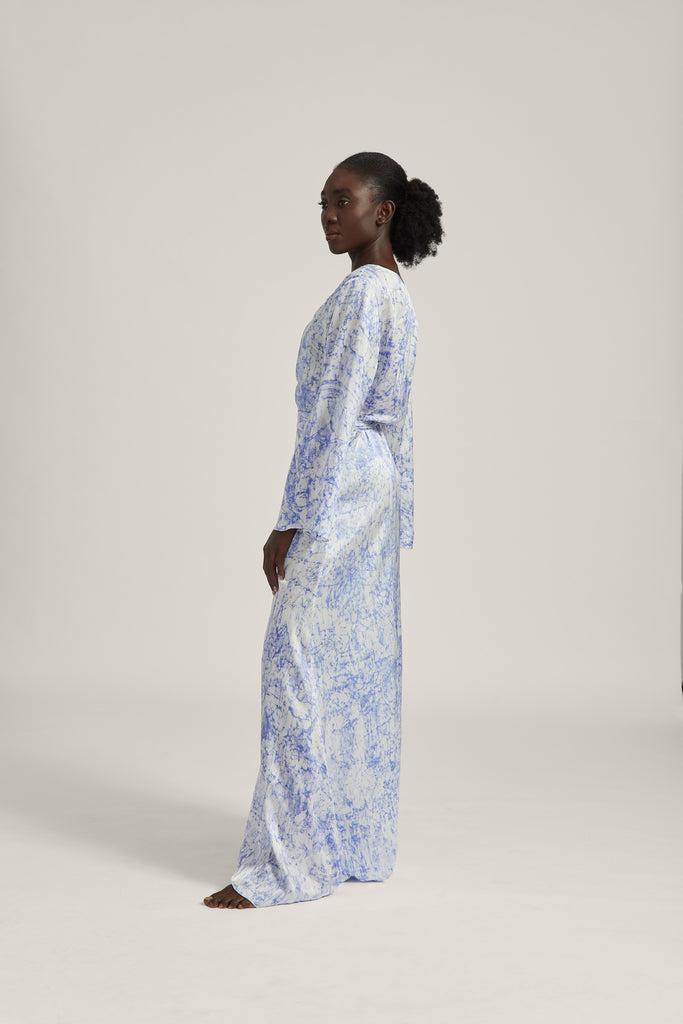 Blue Crackle Batik Silk Satin Wrap Dress