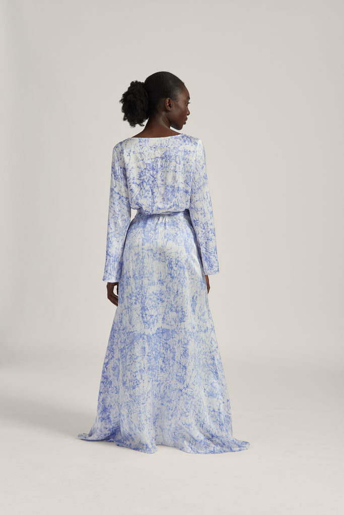 Blue Crackle Batik Silk Satin Wrap Dress