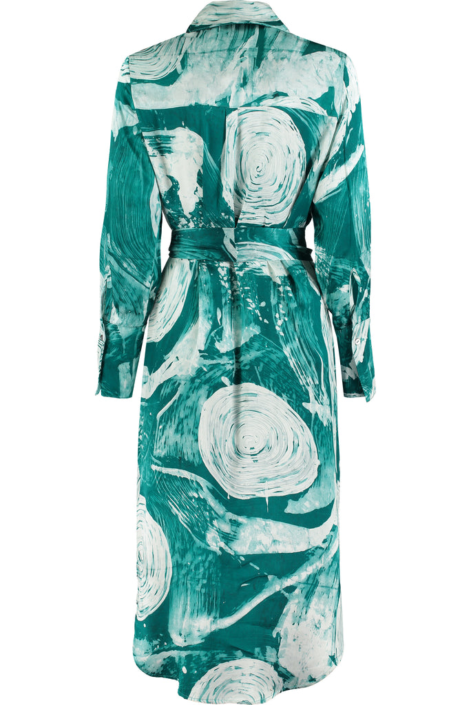 Green Swirls Silk Satin Shirt Dress
