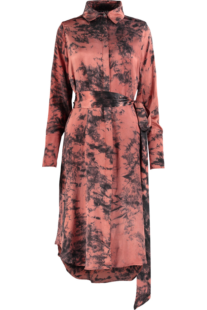 Red and Black Tie Dye Silk Satin Shirt Dress