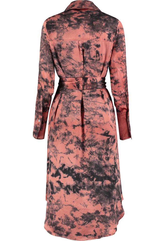 Red and Black Tie Dye Silk Satin Shirt Dress