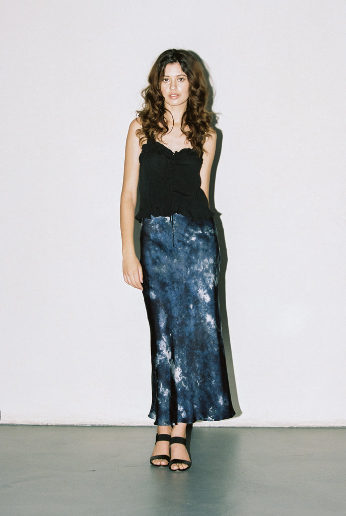 Indigo Dye Silk Satin Bias Skirt
