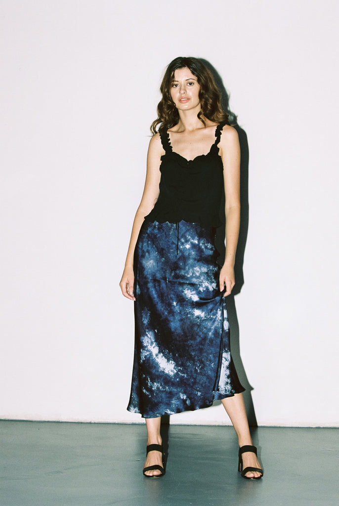 Indigo Dye Silk Satin Bias Skirt