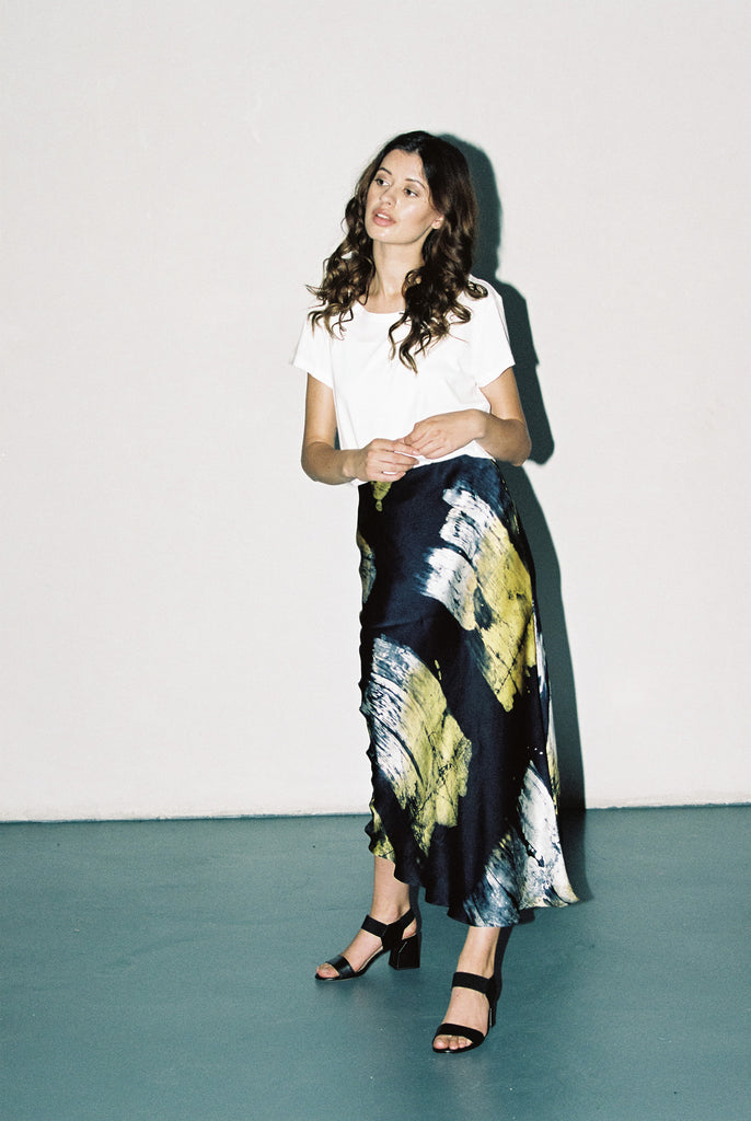 Abstract Silk Satin Bias Skirt