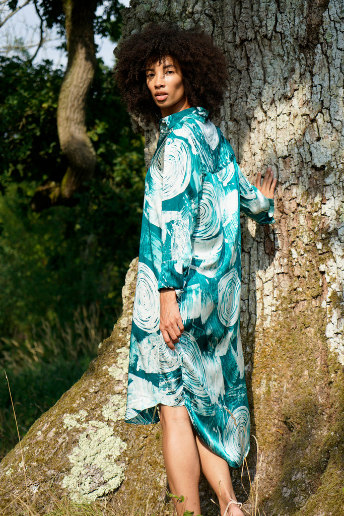 Green Swirls Silk Satin Shirt Dress