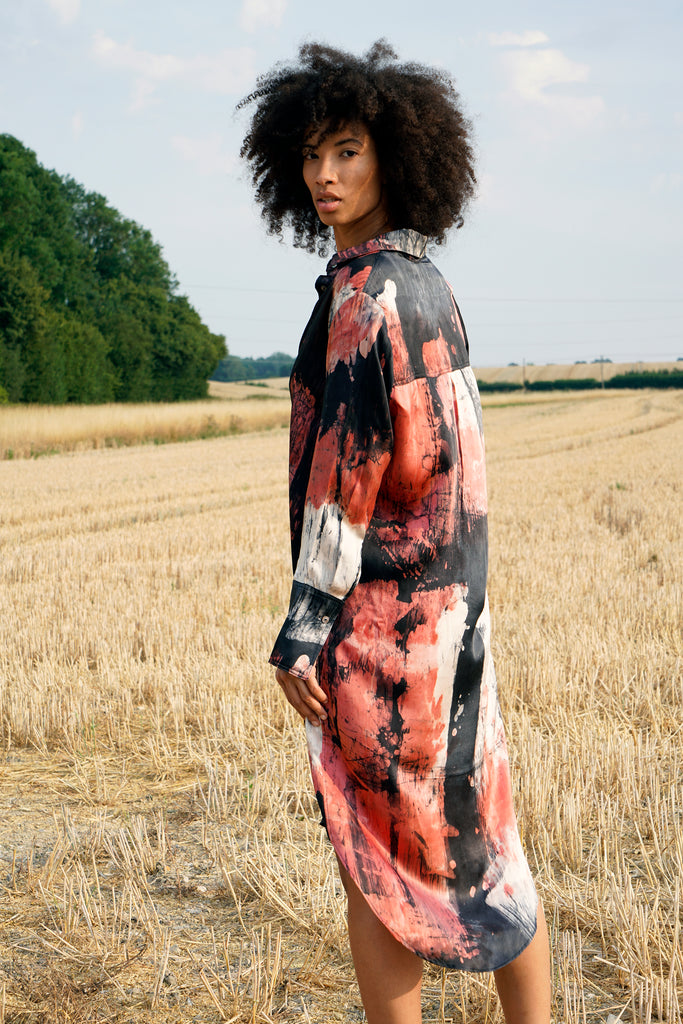 Abstract Silk Satin Shirt Dress