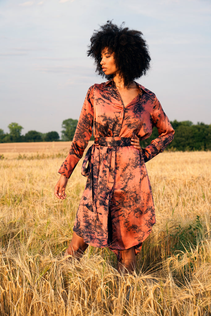 Red and Black Tie Dye Silk Satin Shirt Dress