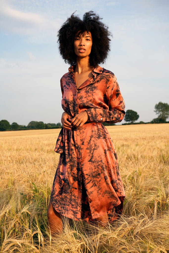 Red and Black Tie Dye Silk Satin Shirt Dress