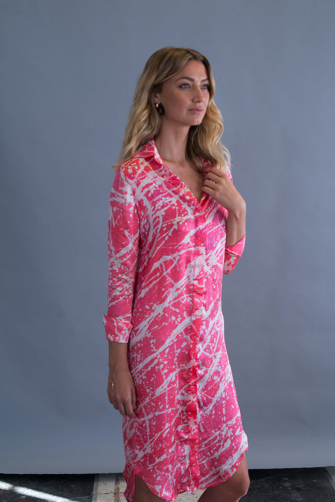 Pink Splatter Silk Shirt Dress